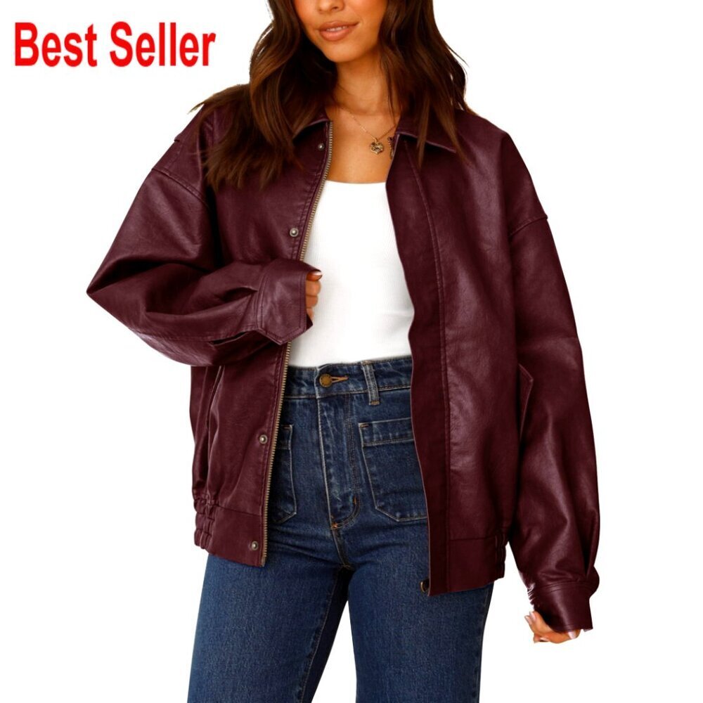 Faux Leather Motorcycle Jacket Oversized Zip Up Winter Coat Women's Outerwear